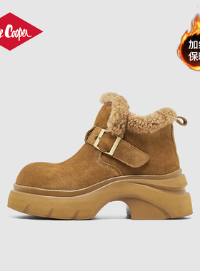 Lee Cooper加绒棉鞋切尔西靴女款2025冬季新款真皮保暖增高雪地靴