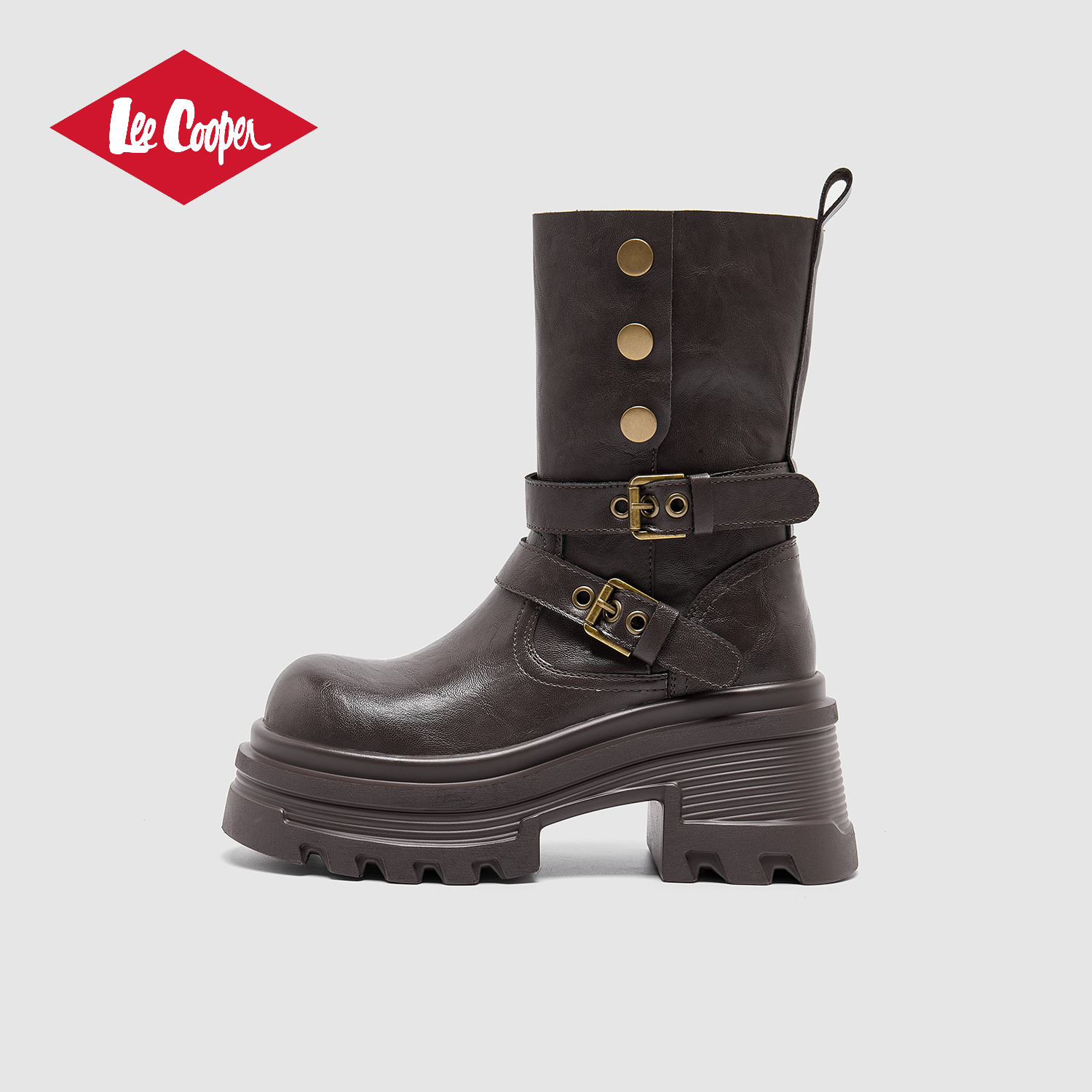 Lee Cooper复古西部牛仔靴女2025新款厚底粗跟中筒靴设计感骑士靴