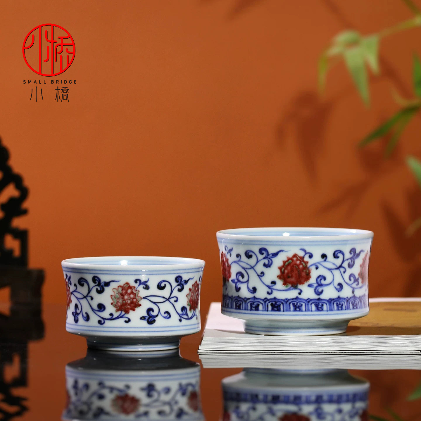 小桥窑仿明慕明青花釉里红缠枝莲系列景德镇陶瓷马蹄杯主人杯茶具