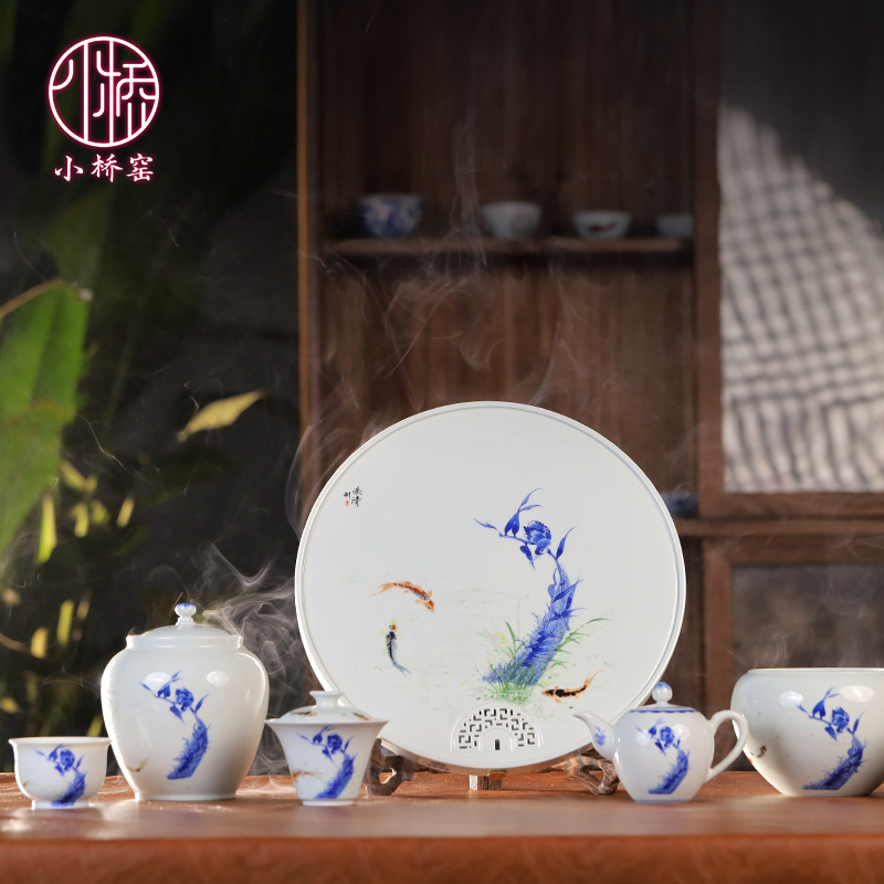 小桥窑青花单翠联名功夫茶杯盖碗