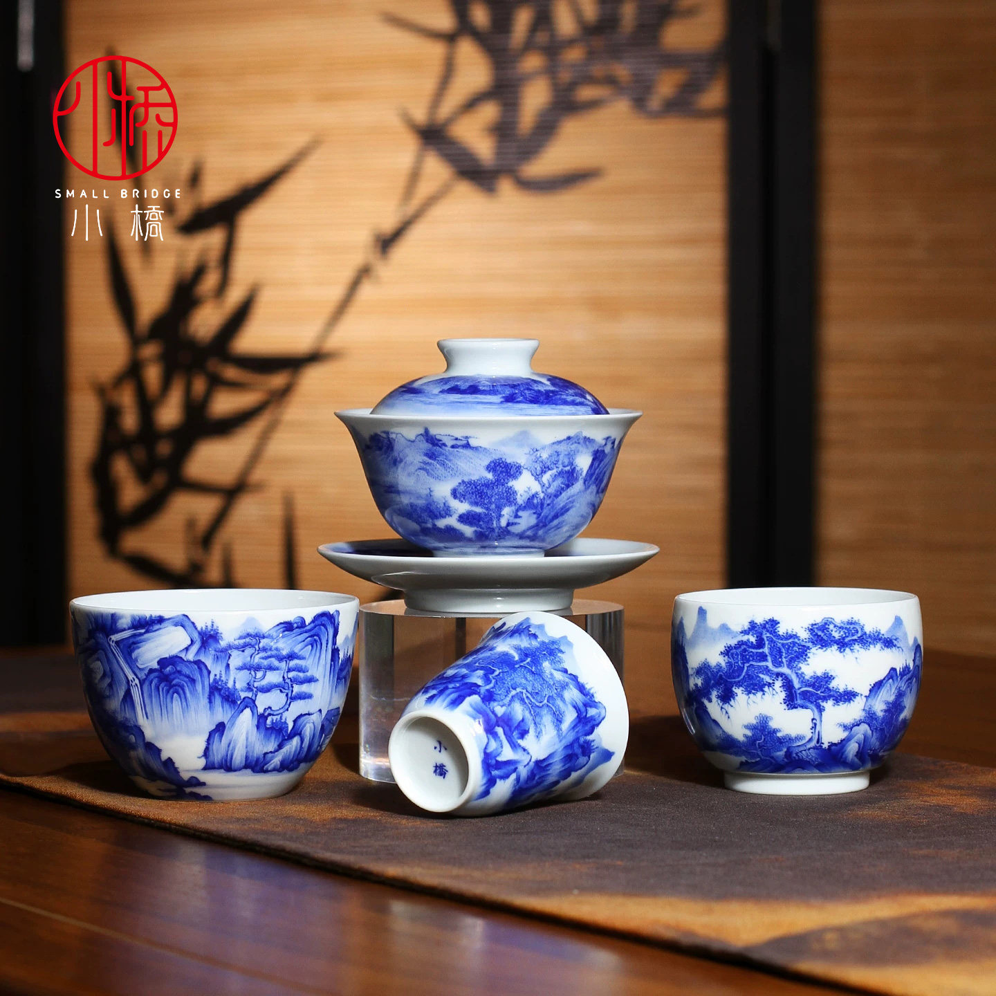 小桥窑仿清康熙青花山水系列景德镇陶瓷茶杯主人杯盖碗功夫茶具