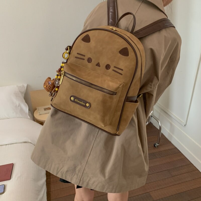韩版卡通猫咪双肩包包女2025新款大容量学生书包复古可爱小众背包
