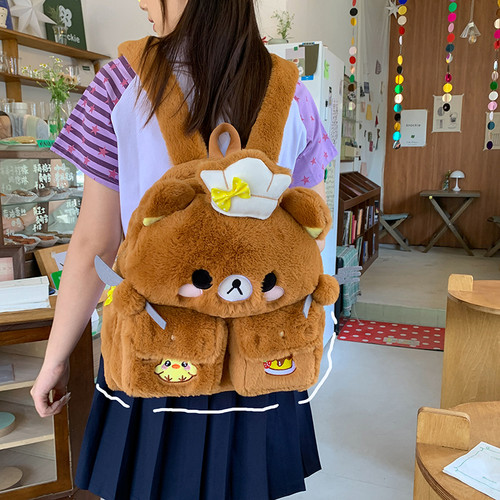 轻松熊毛绒大容量通勤双肩背包