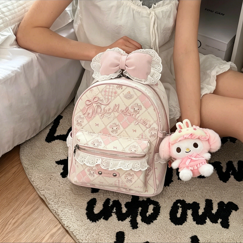 少女风粉色蕾丝蝴蝶结大容量双肩