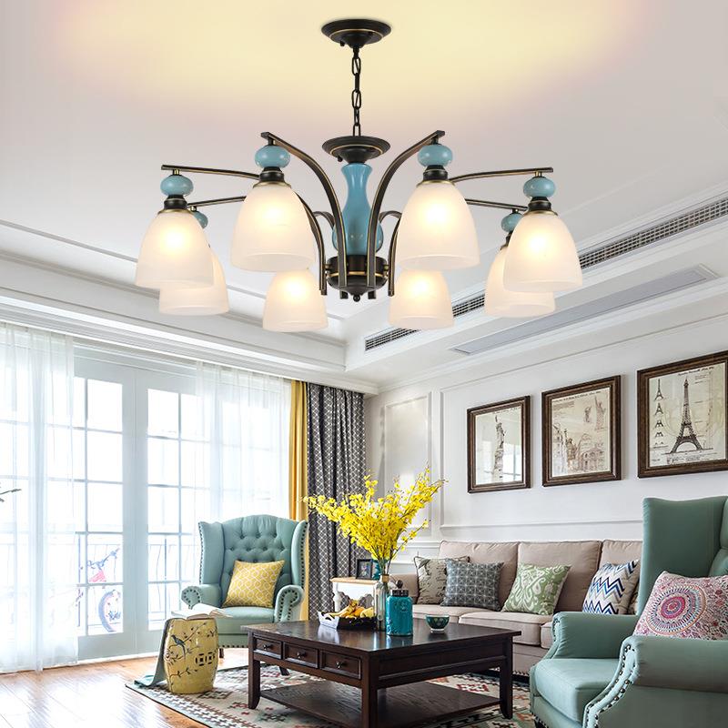 热销8002新款e美式客厅吸顶陶玻瓷璃灯ld卧室灯现代别墅中式铁艺