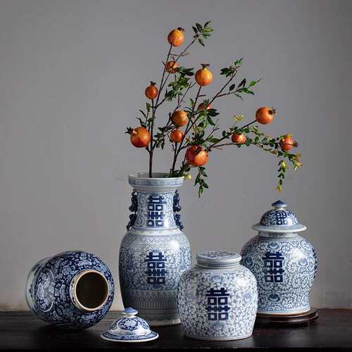 景瓷德镇花喜字花RZQ瓶家居厅青客花瓷装青饰品插花器中式陶瓷摆