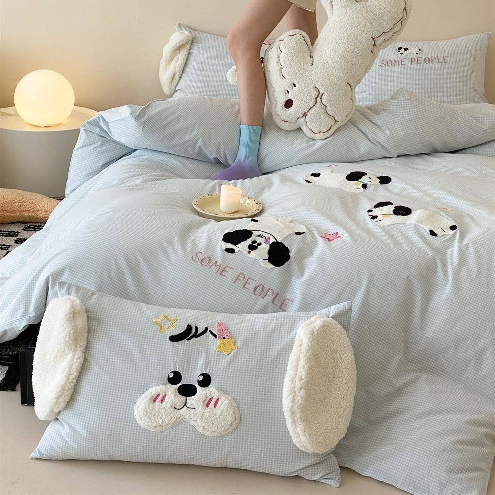 水5四件套狗狗刺纯色宿舍三件套绣亲棉肤少女心床上洗用品