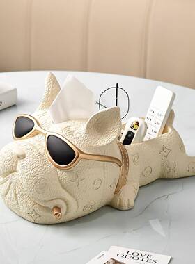 轻奢装法斗犬纸巾盒客家居茶厅几桌OUS面遥档控收纳抽纸盒高饰品