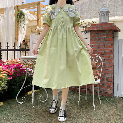 甜美法式连衣裙初中高中学生女夏可爱兔子花边娃娃领收腰A字长裙