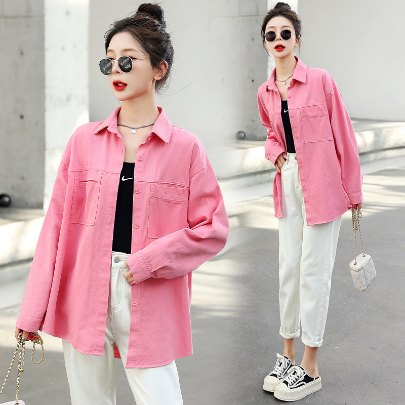 糖果色牛仔衬衫外套女春秋2025新款韩版宽松休闲百搭中长款衬衣潮