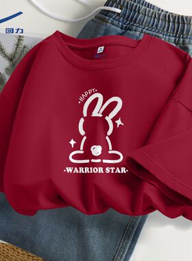 回力红色短袖T恤女oversize简约休闲原创新年战袍纯棉短袖上衣DD