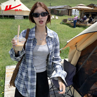 ZH回力蓝色格子衬衫女2026新款春秋季宽松懒惰风翻领长袖上衣服