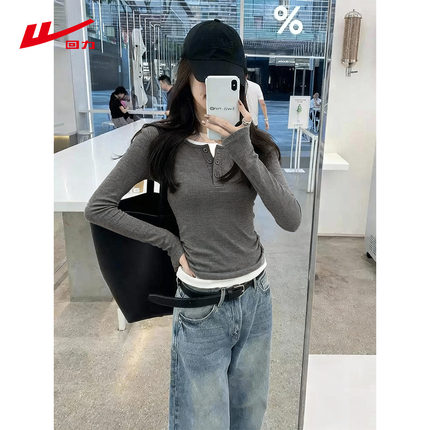 ZH回力假两件长袖t恤女2025新款春秋款美式ins风修身内搭打底衫