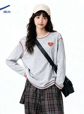 回力灰色拼色设计感长袖t恤女2026春夏季新款圆领宽松休闲上衣DD