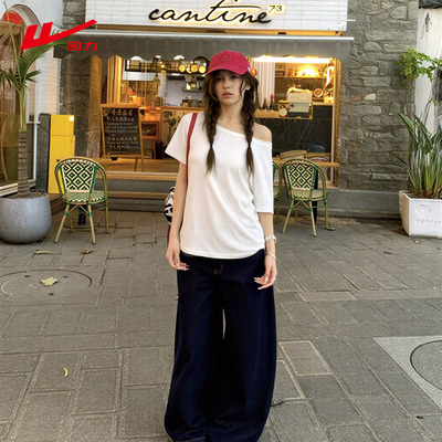 ZH回力女款斜肩T白色2026新款夏季小众设计感修身显瘦短袖上衣
