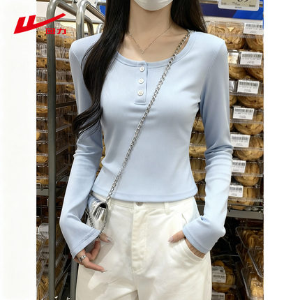 ZH回力蓝色上衣圆领长袖t恤女春秋季2026新款修身内搭流行女装