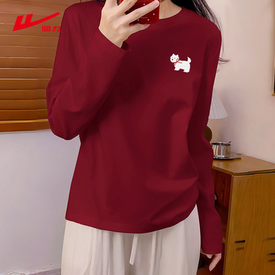 回力红色纯棉打底衫上衣长袖t恤