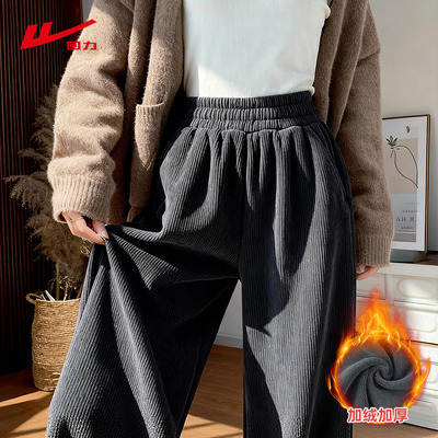 回力灰色灯芯绒阔腿裤女2025冬季新款小个子休闲加厚加绒运动裤子