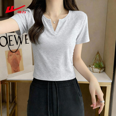 ZH回力短袖女t恤2026新款夏季修身显瘦短款上衣小V领设计感半袖