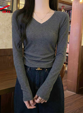 ZH回力V领长袖磨毛打底2026新款深麻灰好看百搭保暖内搭上衣女