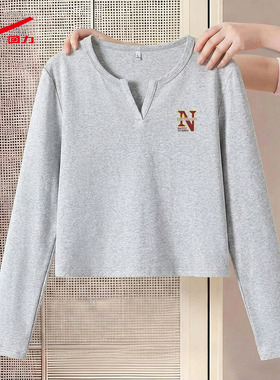 ZH回力V领长袖T恤女2026年新款麻灰简约气质透气日常休闲打底衫