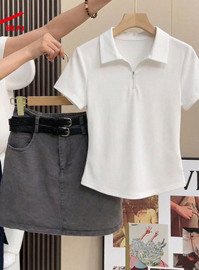 ZH回力白色短款上衣款2026新款简约韩系正肩百搭短袖POLO衫t恤