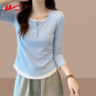 ZH回力外穿假两件长袖T恤女2026春新款修身内搭蓝色上衣打底衫