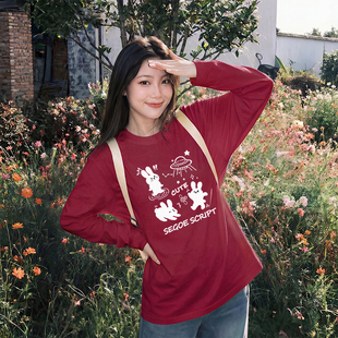 回力红色马年本命年长袖t恤女2026春夏季新款纯棉内搭打底衫上衣