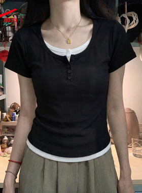 ZH回力假两件短袖t恤女2026新款夏季设计感修身收腰短款上衣服