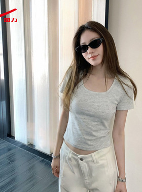 ZH回力女方领紧身T2026夏季新款浅花灰好看百搭显白修身短袖女