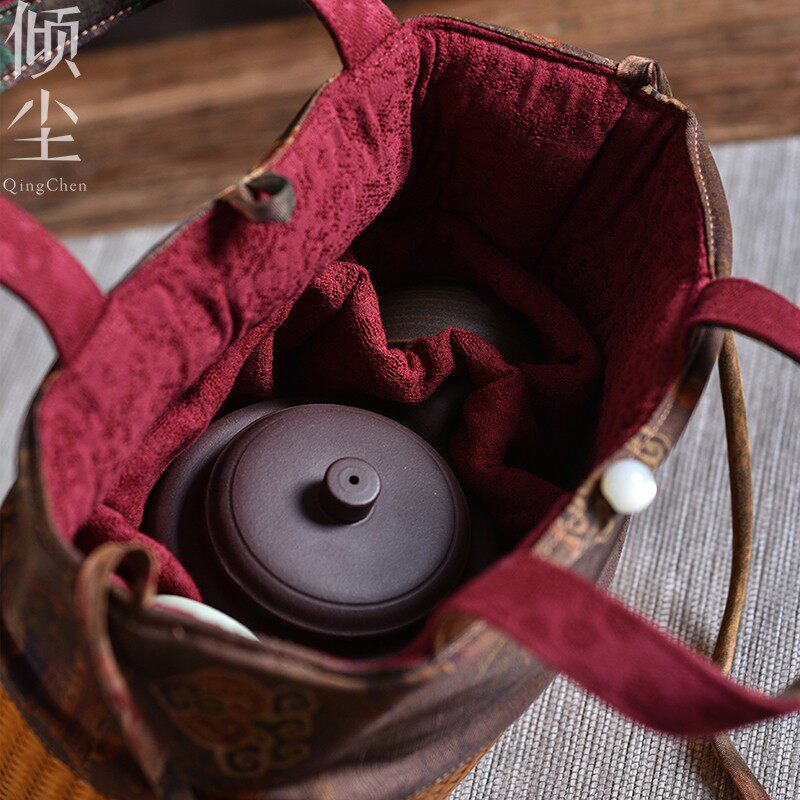 极速高端 不惑 香云纱茶具收纳包复古竹编莨纱茶事包茶器收纳杯袋
