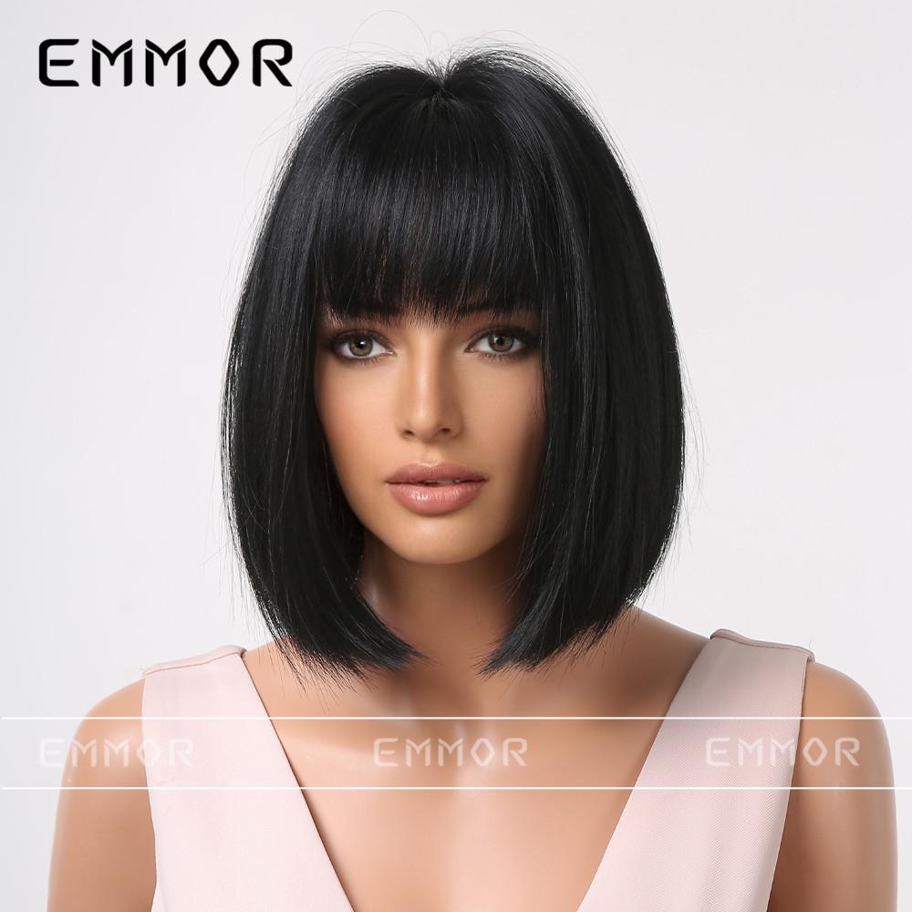 新款直销波波头齐刘海短直发自然减龄欧美风时尚新款全头套黑色假