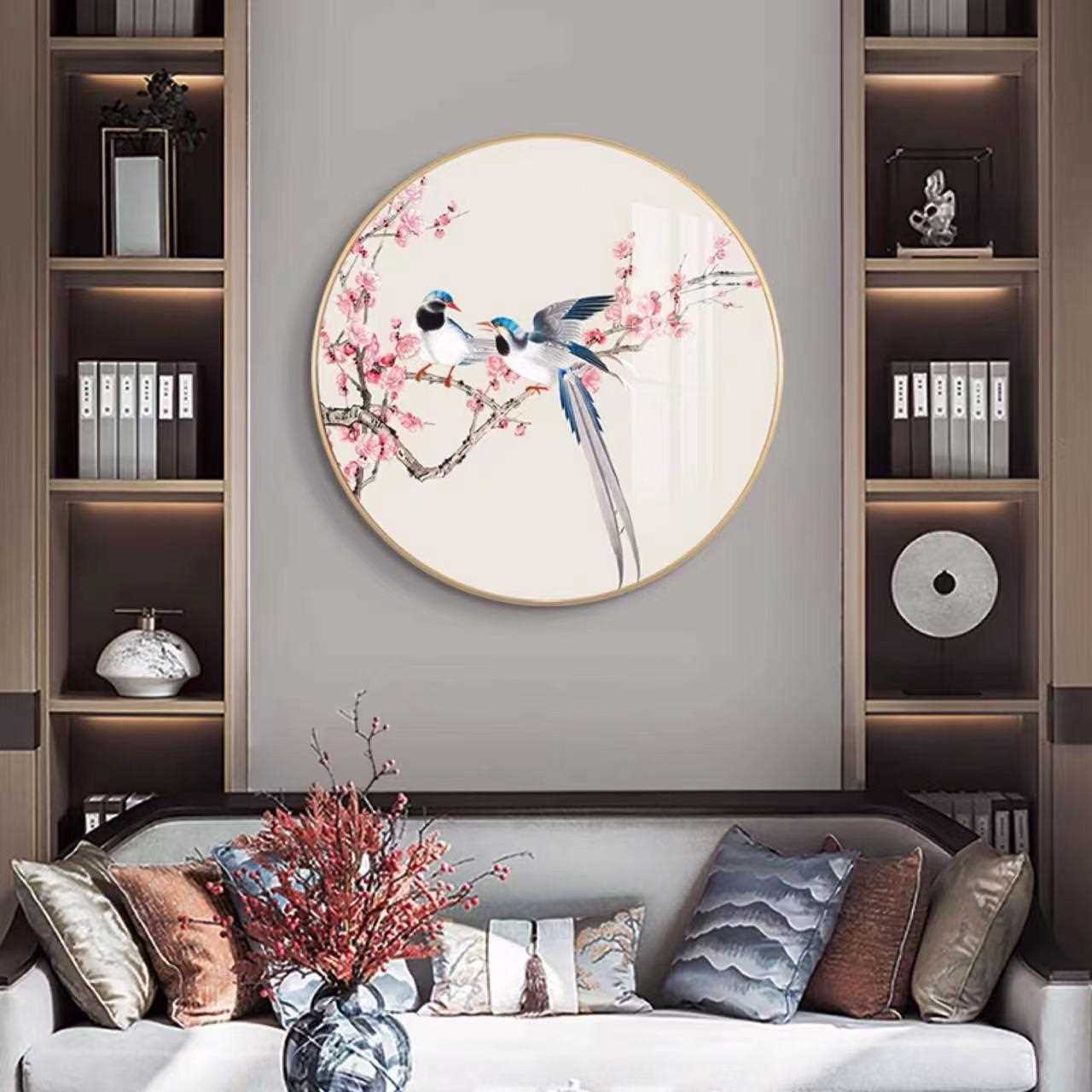 新款直销中式喜上眉梢圆形晶瓷画古风花鸟客厅卧室装饰画玄关走廊