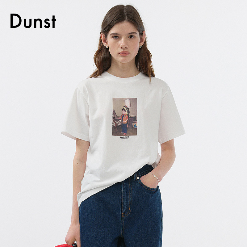 Dunst夏季中性复古童年照片印花纯棉宽松圆领T恤上衣UDTS5B132