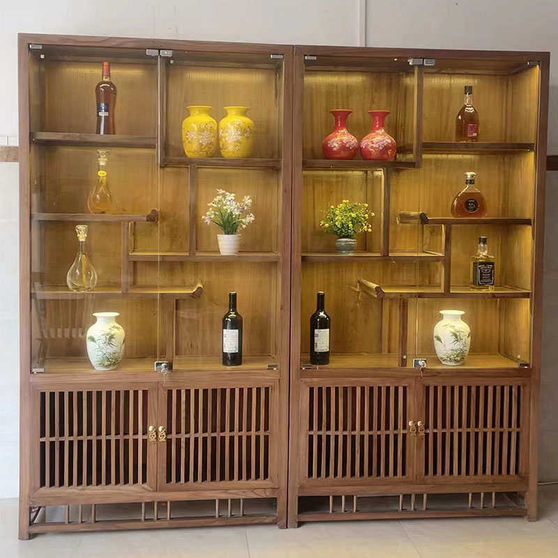 老榆木实木玻璃展示柜置物架红酒储藏柜白酒展示架茶室茶叶陈列柜