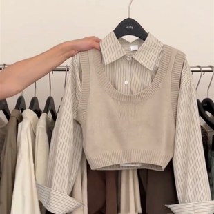 气质两件套上衣搭配半身裙潮 韩版 极简条纹拼接衬衫 女2025秋季 新款