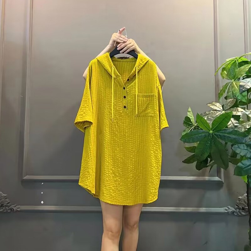 胖妹妹简约休闲上衣宽松大版百搭显瘦大码女装连帽中长款T恤衫潮