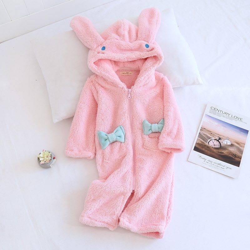 儿童冬季加厚法兰绒长毛绒连帽兔子拉链睡袍可爱女童亲子装家居袍