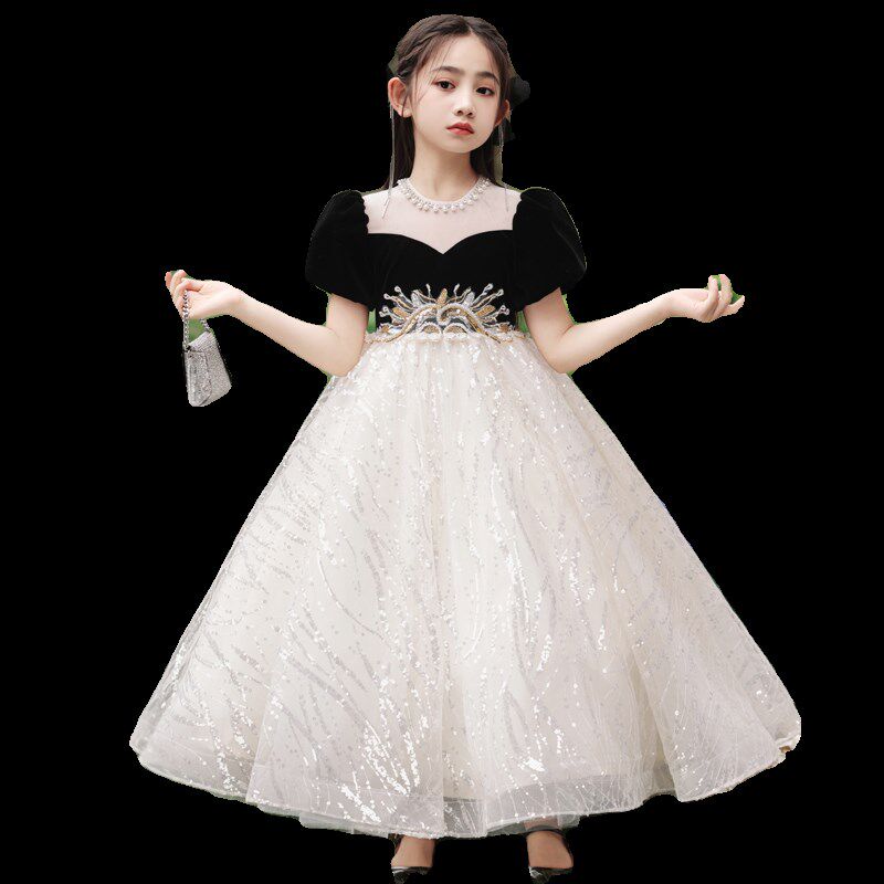 黑色女童礼服轻奢小众高端生日公主裙夏季儿童主持人钢琴演奏服装