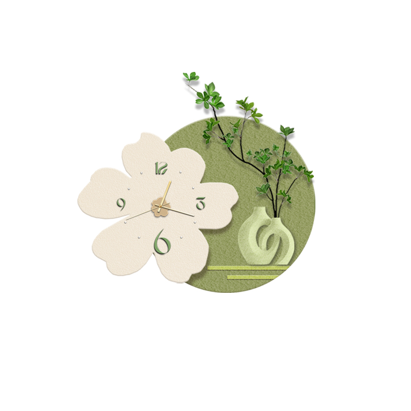 奶油风饭厅装饰画钟表立体实物绿植饭厅挂画砂岩画客厅高级感壁画