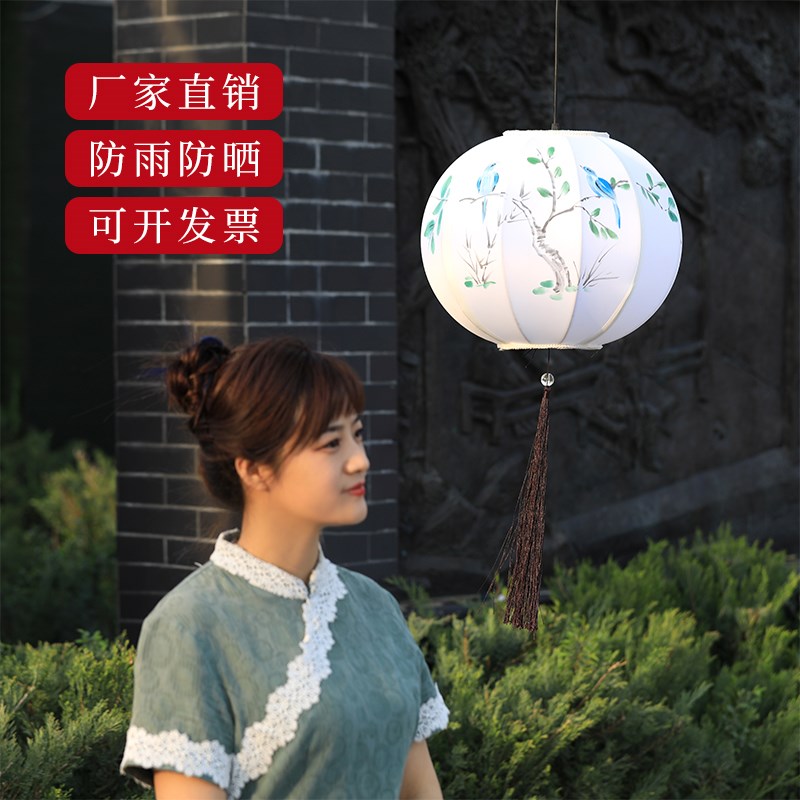 新中式手绘布艺圆形吊灯防水户外布古风中国风茶室火锅店禅意装饰