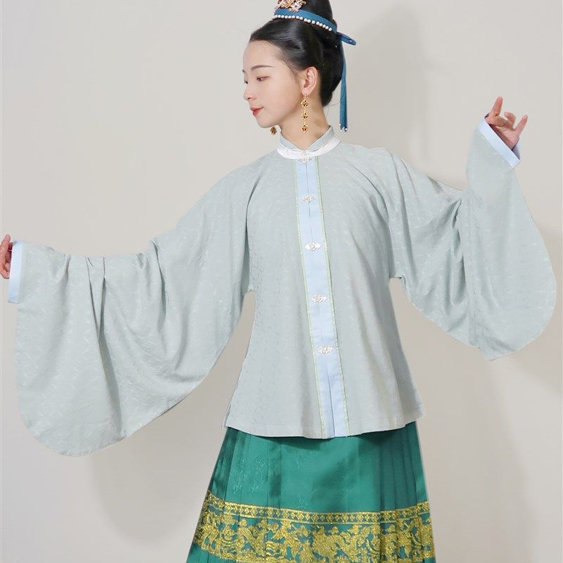 福鹿记[五福]竖领琵琶袖立领短衫明制汉服暗纹提花棉蜜合蓝绿米黄