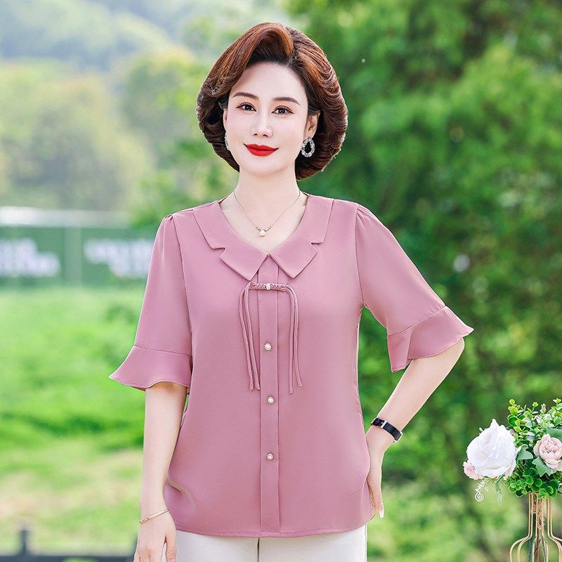 中年妈妈夏装短袖T恤雪纺小衫2024新款洋气质中老年女装夏季套装,女装/女士精品,中老年女装,淘宝优惠券,粉丝福利购,淘宝优惠卷