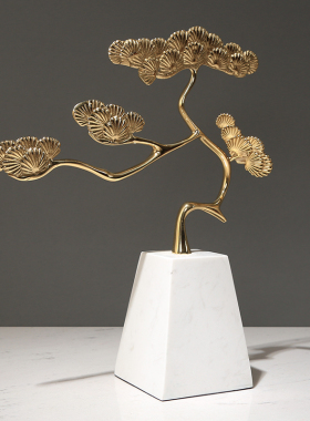 新中式禅意迎客松摆件别墅样板间博古架玄关大理石艺术摆设装饰品