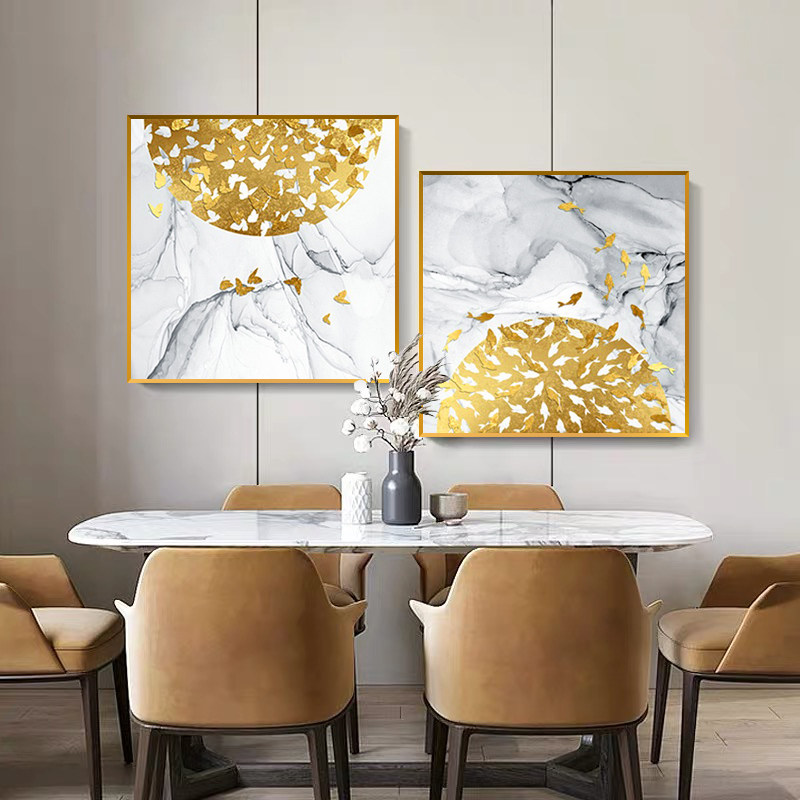 纯手绘金鱼蝴蝶油画餐厅二联画轻奢进门客入户玄关装饰画饭厅挂画