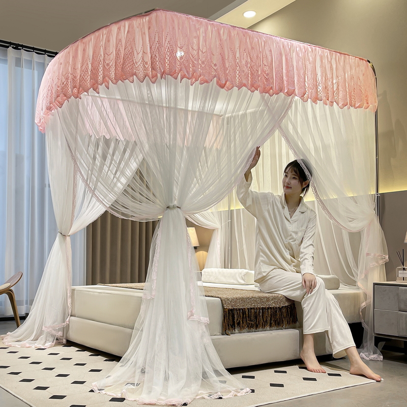 蚊帐家用2023年新款卧室u型免安装床帘落地伸缩导轨道三开门蚊帐