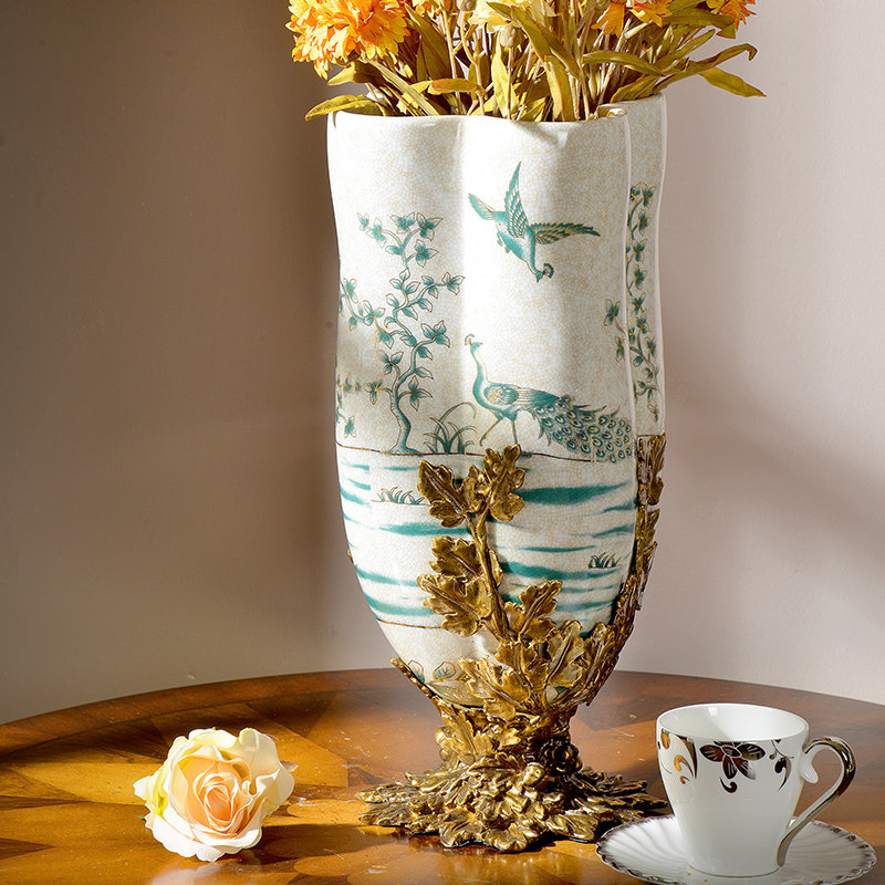 欧式美式陶瓷镶铜孔雀花鸟玄关壁炉花插花瓶花插软装家居饰品摆饰
