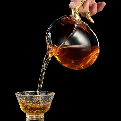 塞谷镂空金把公道杯家用功夫茶具单个防烫玻璃公杯会客泡茶分茶器