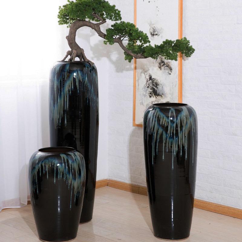 陶罐落地花瓶景德镇陶瓷中式民宿电视柜装饰干花插花客厅酒店摆件