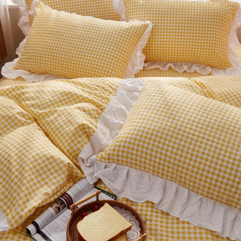 柠萌黄格子全棉水洗棉枕套一对装荷叶花边单人枕芯套48*74cm枕皮
